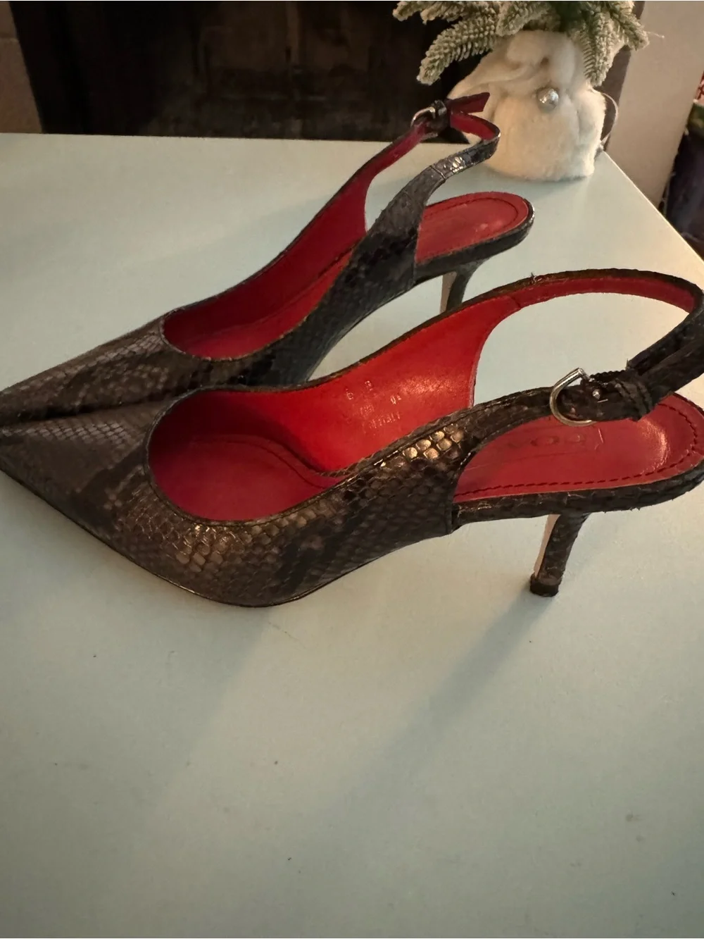 Coach Vintage Black Snake-Print Slingback Pumps with Red Insole Size 6